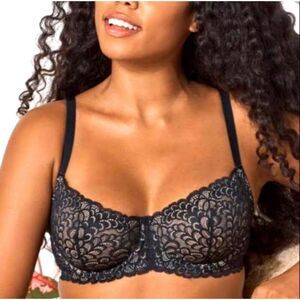True & Co Gramercy Balconette Bra 34C Black Lace Nude Lining Underwire Lingerie